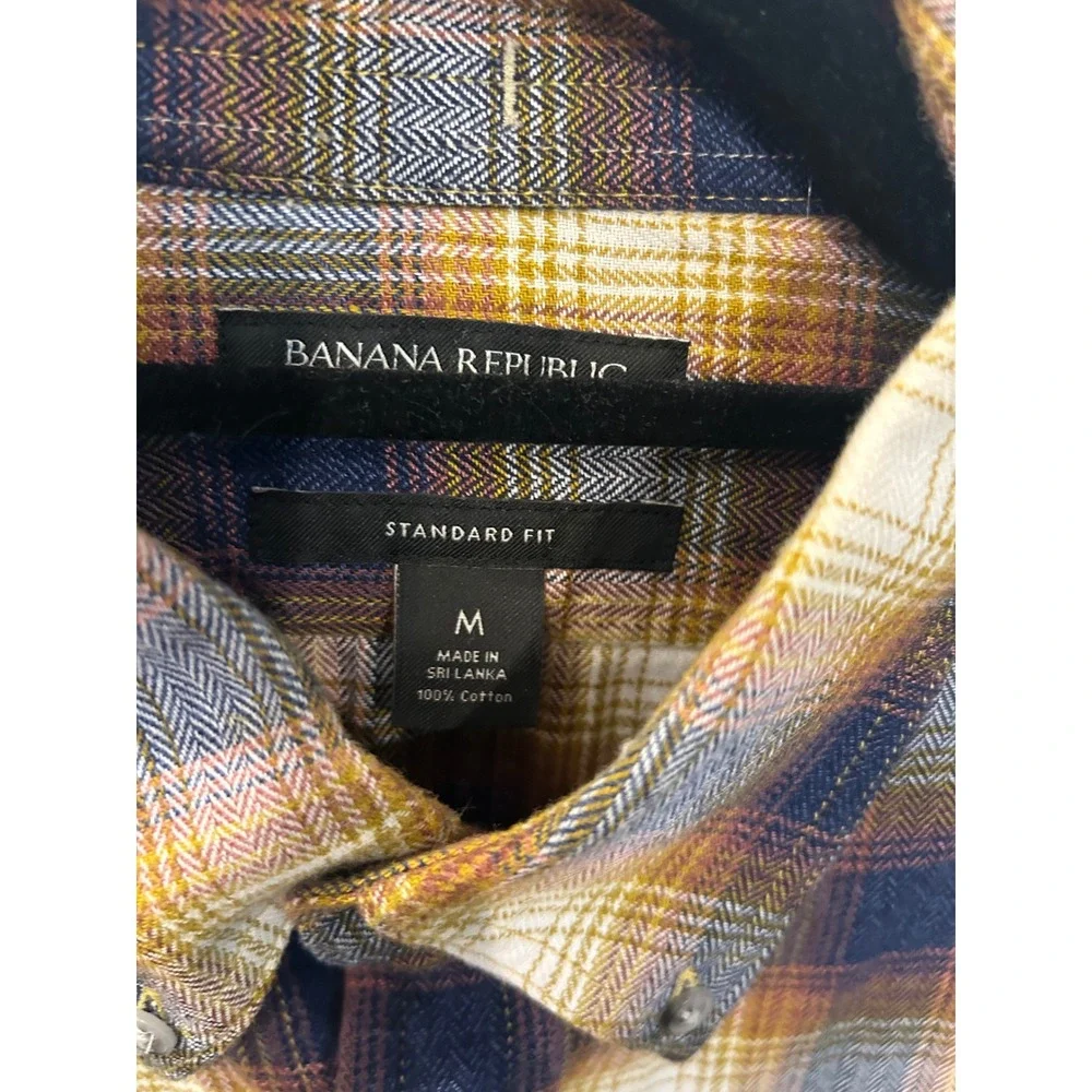 Banana Republic Flannel Shirt Yellow Navy Plaid Herringbone Cotton Button Down